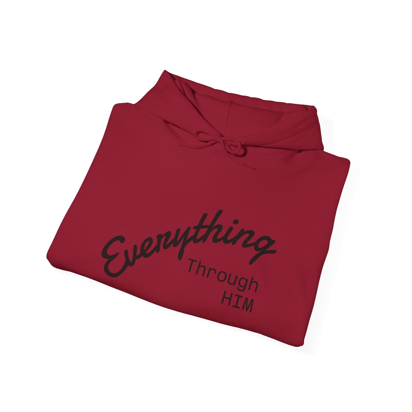 Everything Through Him Hoodie — Bear Holding Cross Christian Faith Pullover