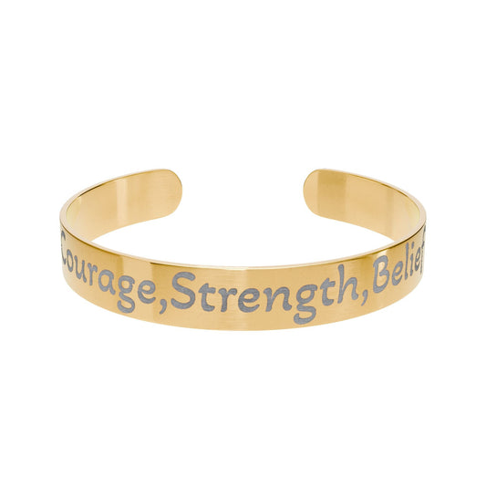 Golden Motivational Cuff Bracelet: Courage, Strength, Belief