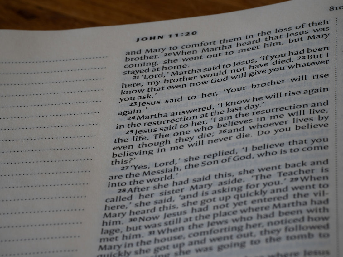A close up of an open book on a table