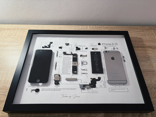 An iPhone 6s dissected and framed.