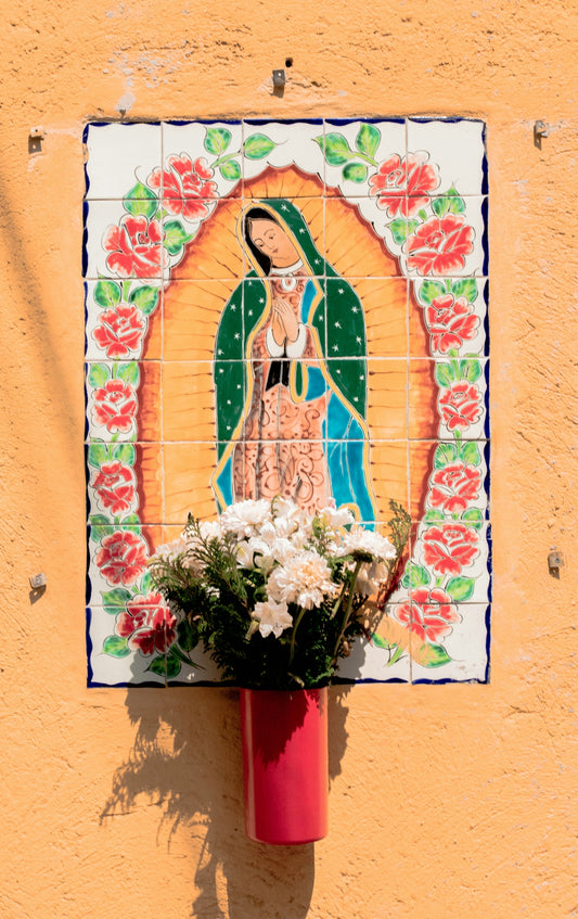 Our lady of guadalupe tile art with flowers