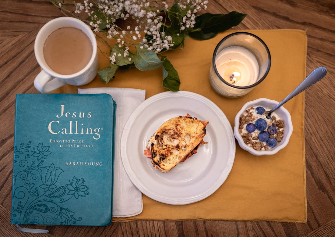 Jesus calling book with breakfast and candle