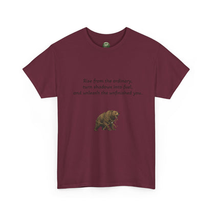 T-Shirt — Minimal Inspirational Quote Tee (“Near from the ordinary, seen shadows into fuel, and around the emboldened you.”)
