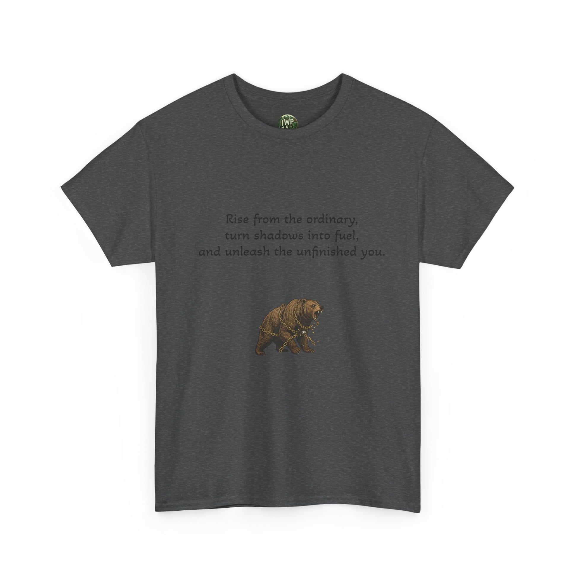 T-Shirt — Minimal Inspirational Quote Tee (“Near from the ordinary, seen shadows into fuel, and around the emboldened you.”)