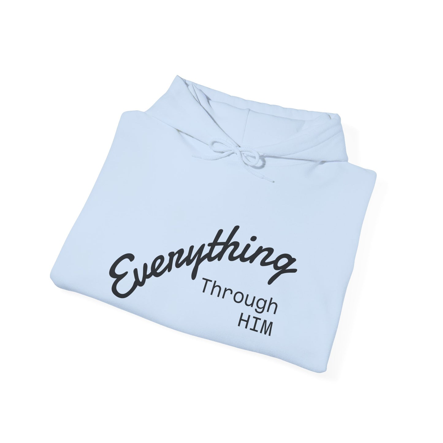 Everything Through Him Hoodie — Bear Holding Cross Christian Faith Pullover