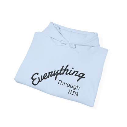 Everything Through Him Hoodie — Bear Holding Cross Christian Faith Pullover