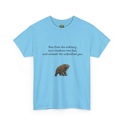 T-Shirt — Minimal Inspirational Quote Tee (“Near from the ordinary, seen shadows into fuel, and around the emboldened you.”)