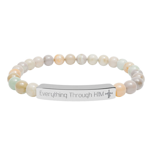 Engraved Natural Stone Bead Bracelet — Inspirational Bar Bracelet ("Praying Through It")