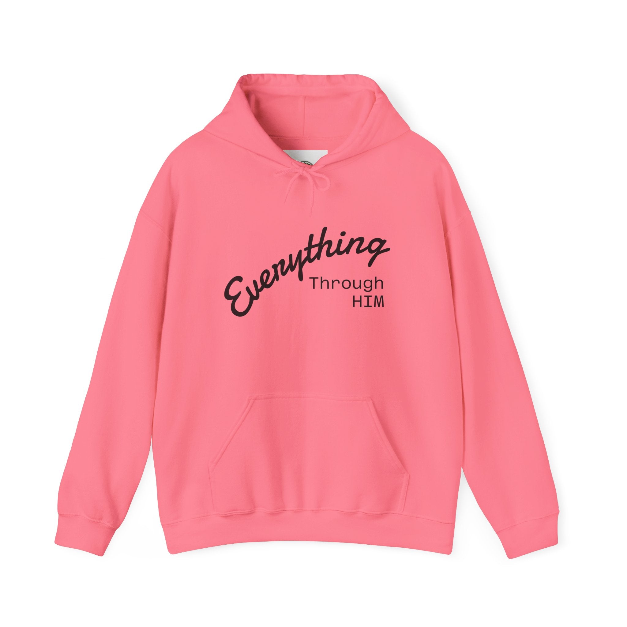 Everything Through Him Hoodie — Bear Holding Cross Christian Faith Pullover - InspireWithPurpose