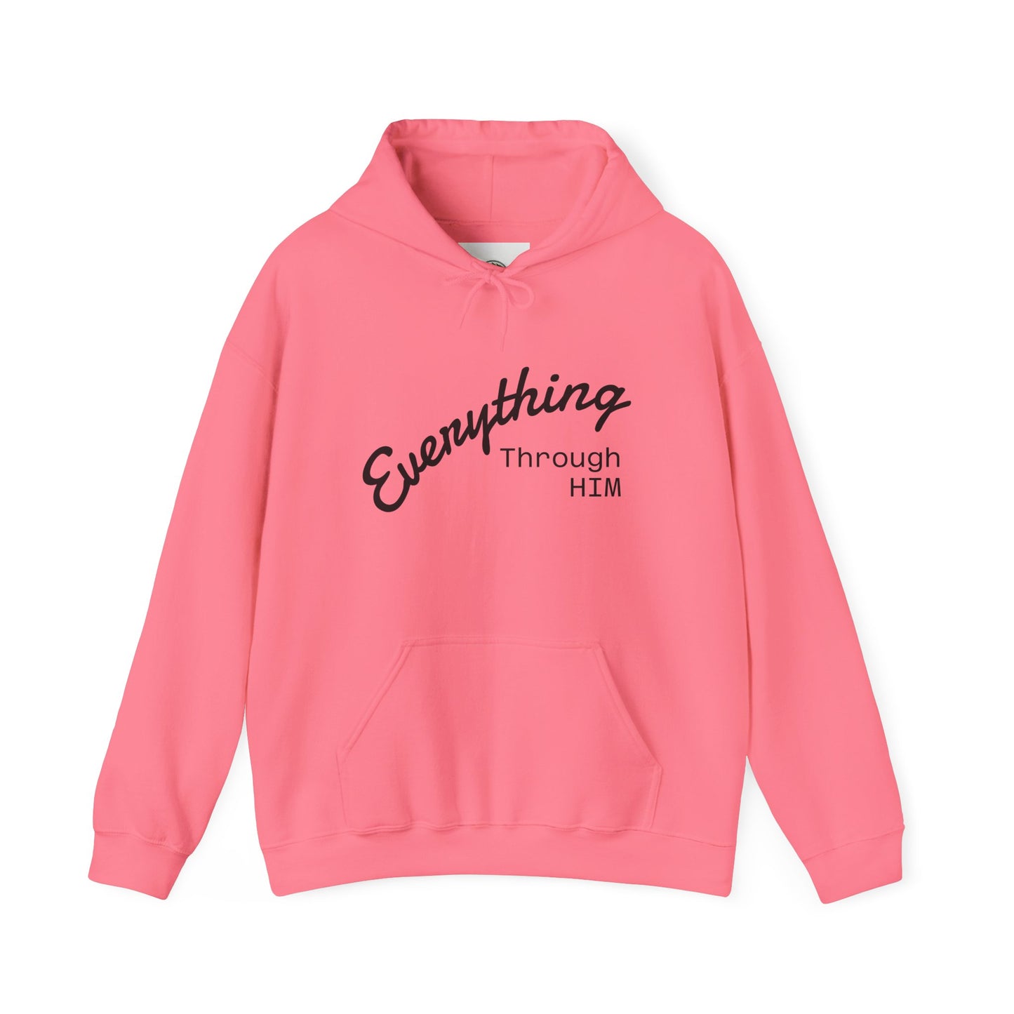 Everything Through Him Hoodie — Bear Holding Cross Christian Faith Pullover