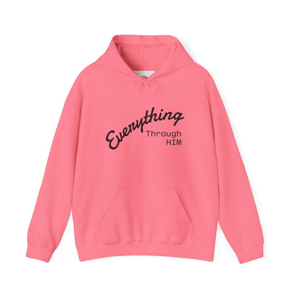 Everything Through Him Hoodie — Bear Holding Cross Christian Faith Pullover