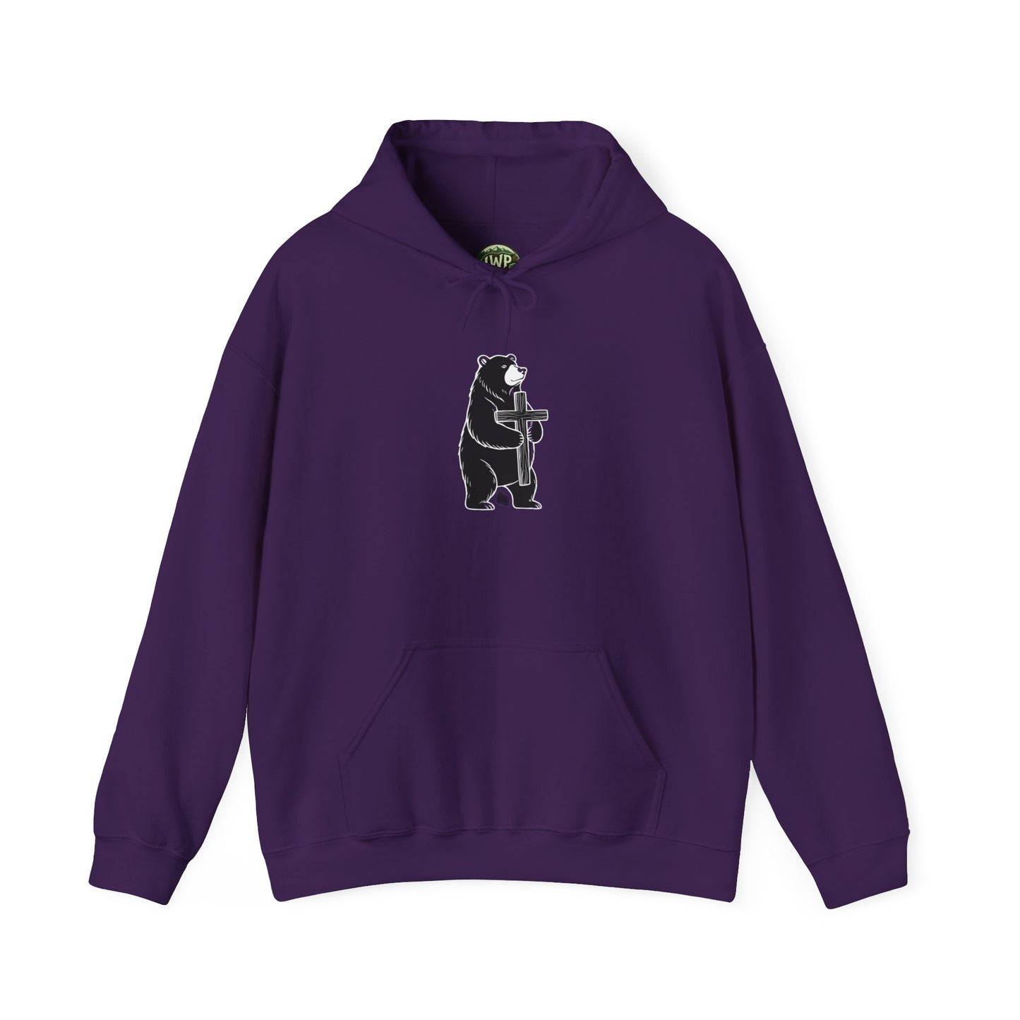 Minimal Black Bear Hoodie — Cute Bear Holding Cross Graphic Sweatshirt