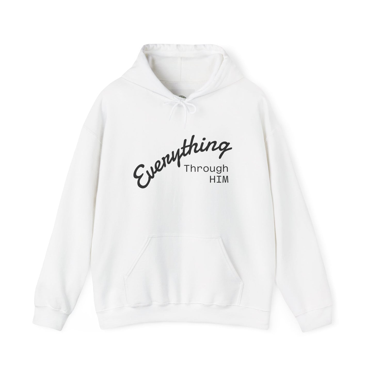 Everything Through Him Hoodie — Bear Holding Cross Christian Faith Pullover