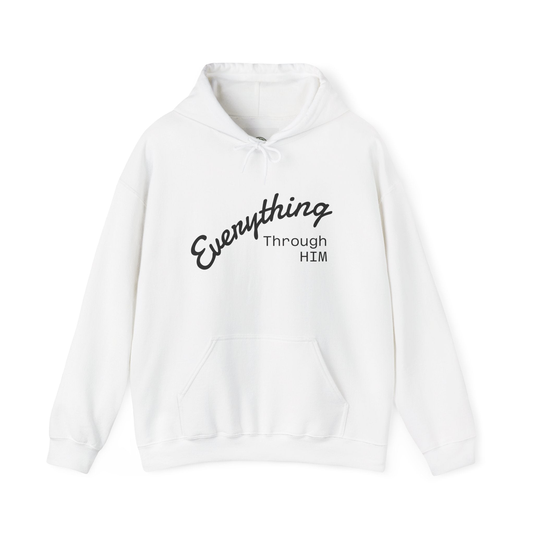 Everything Through Him Hoodie — Bear Holding Cross Christian Faith Pullover - InspireWithPurpose