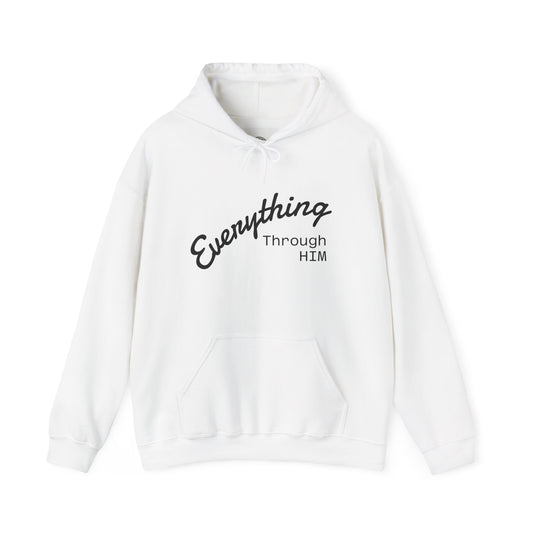 Everything Through Him Hoodie — Bear Holding Cross Christian Faith Pullover