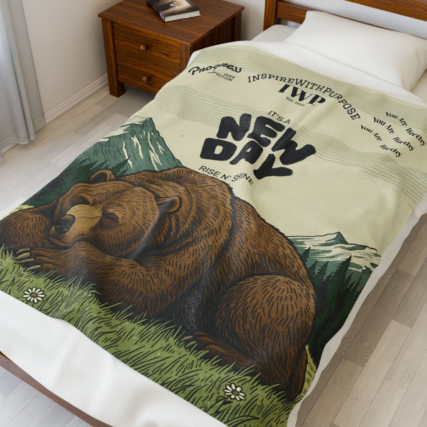 New Day Bear Velveteen Plush Blanket – 'It's a New Day' Cozy Outdoor Throw - InspireWithPurpose