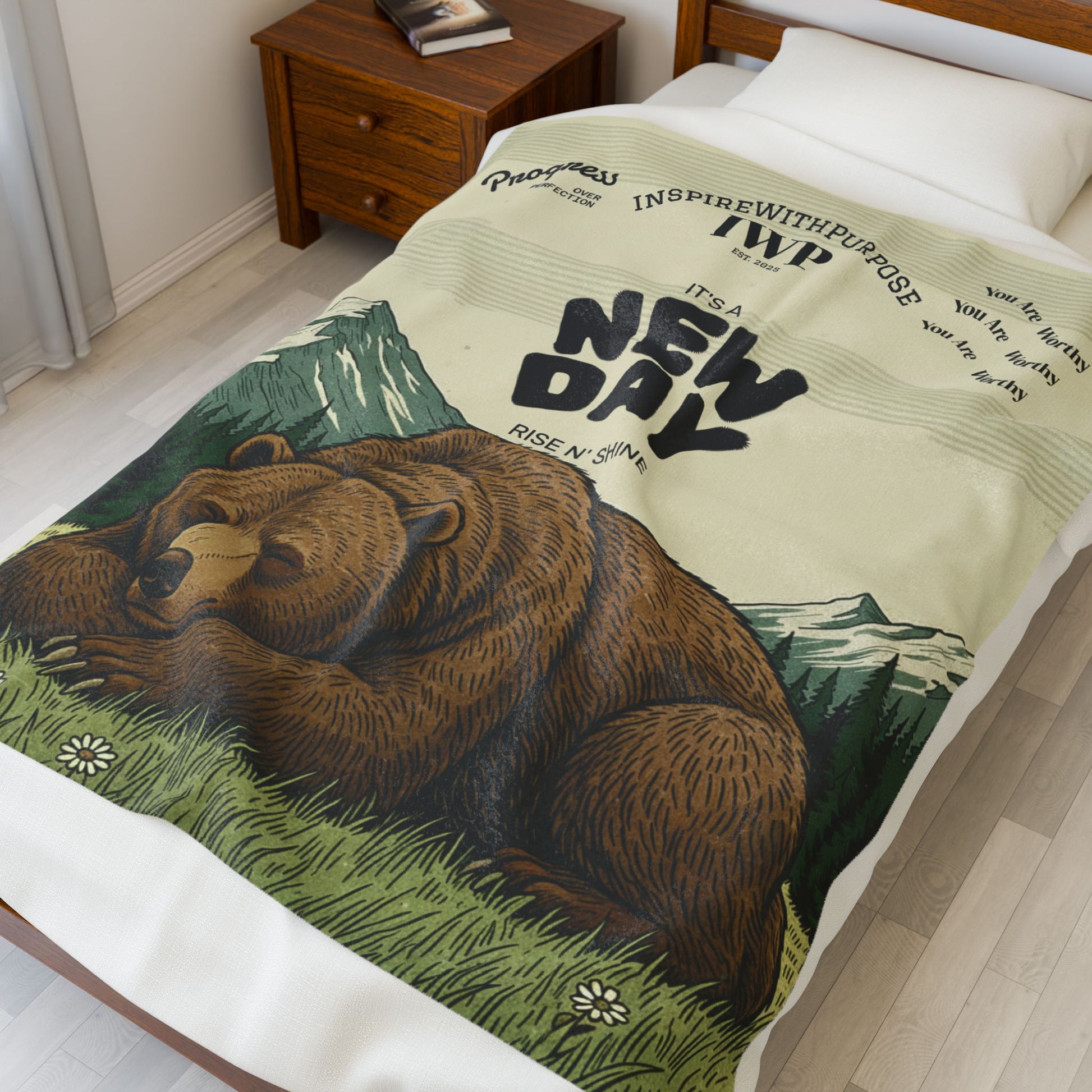 New Day Bear Velveteen Plush Blanket – 'It's a New Day' Cozy Outdoor Throw - InspireWithPurpose