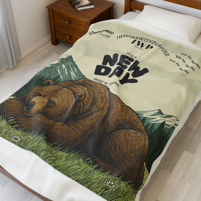 New Day Bear Velveteen Plush Blanket – 'It's a New Day' Cozy Outdoor Throw - InspireWithPurpose