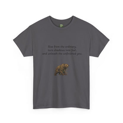 T-Shirt — Minimal Inspirational Quote Tee (“Near from the ordinary, seen shadows into fuel, and around the emboldened you.”)