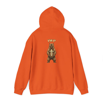 Everything Through Him Hoodie — Bear Holding Cross Christian Faith Pullover