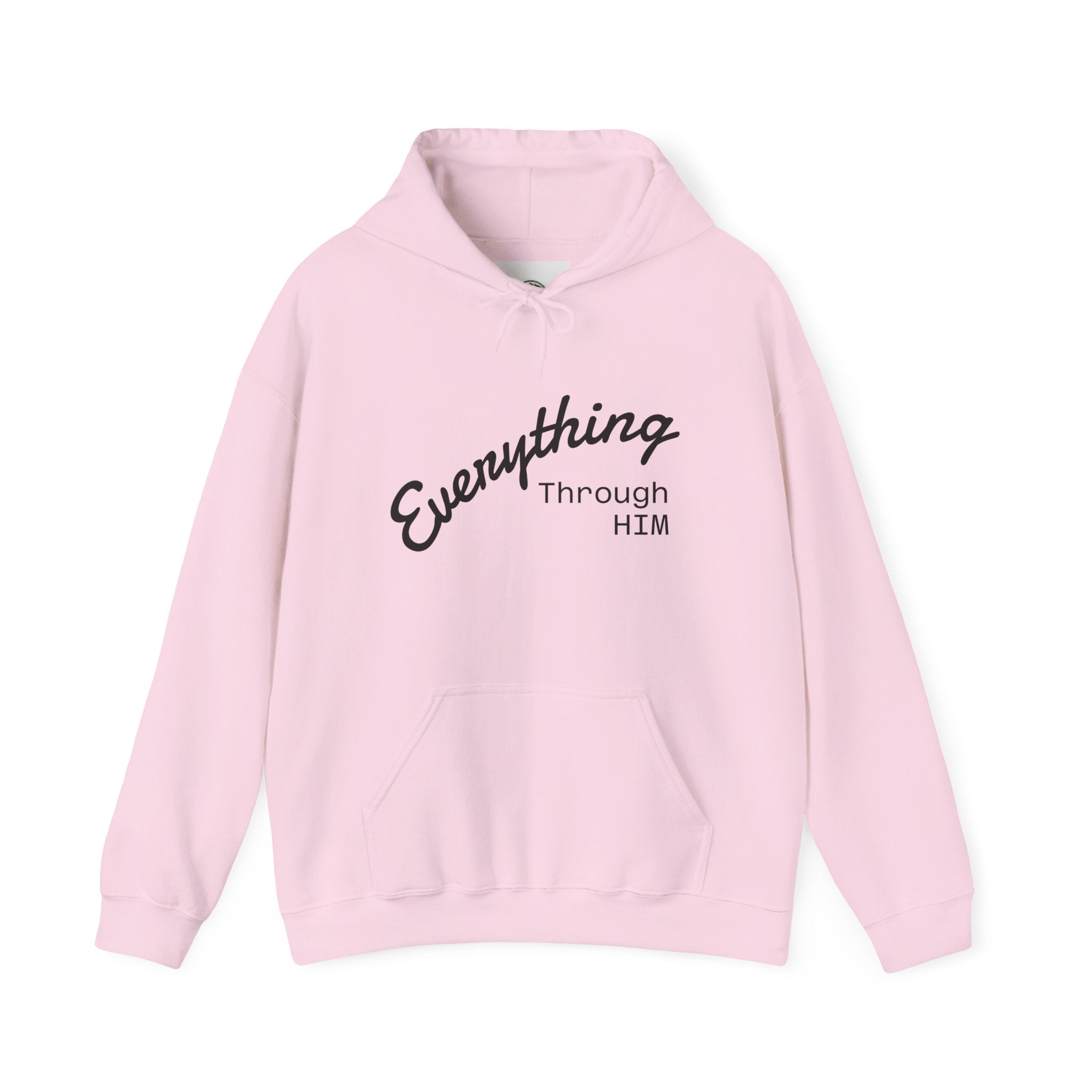 Everything Through Him Hoodie — Bear Holding Cross Christian Faith Pullover - InspireWithPurpose