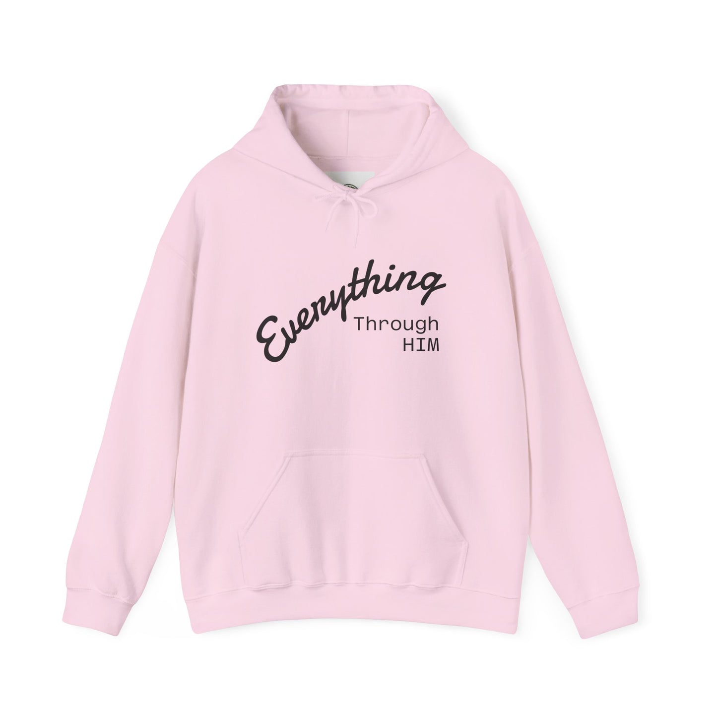 Everything Through Him Hoodie — Bear Holding Cross Christian Faith Pullover