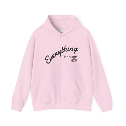 Everything Through Him Hoodie — Bear Holding Cross Christian Faith Pullover