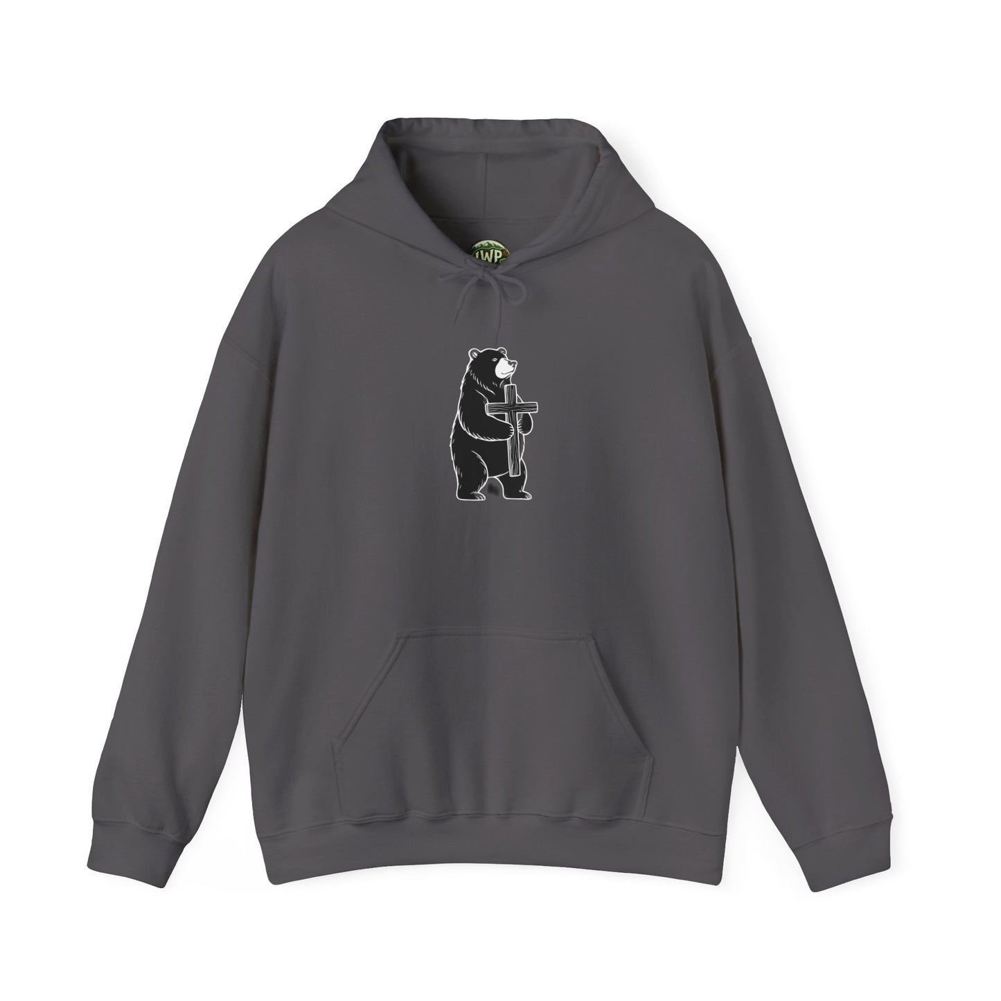 Minimal Black Bear Hoodie — Cute Bear Holding Cross Graphic Sweatshirt
