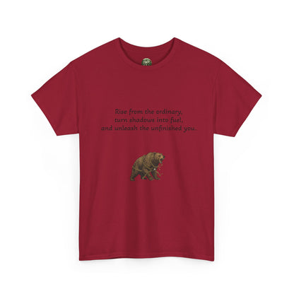 T-Shirt — Minimal Inspirational Quote Tee (“Near from the ordinary, seen shadows into fuel, and around the emboldened you.”)