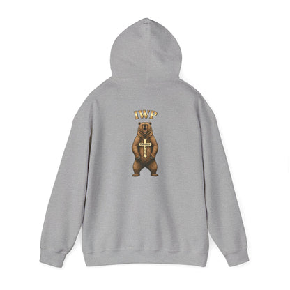 Everything Through Him Hoodie — Bear Holding Cross Christian Faith Pullover