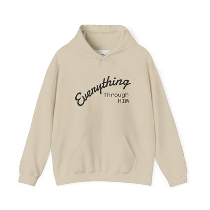 Everything Through Him Hoodie — Bear Holding Cross Christian Faith Pullover
