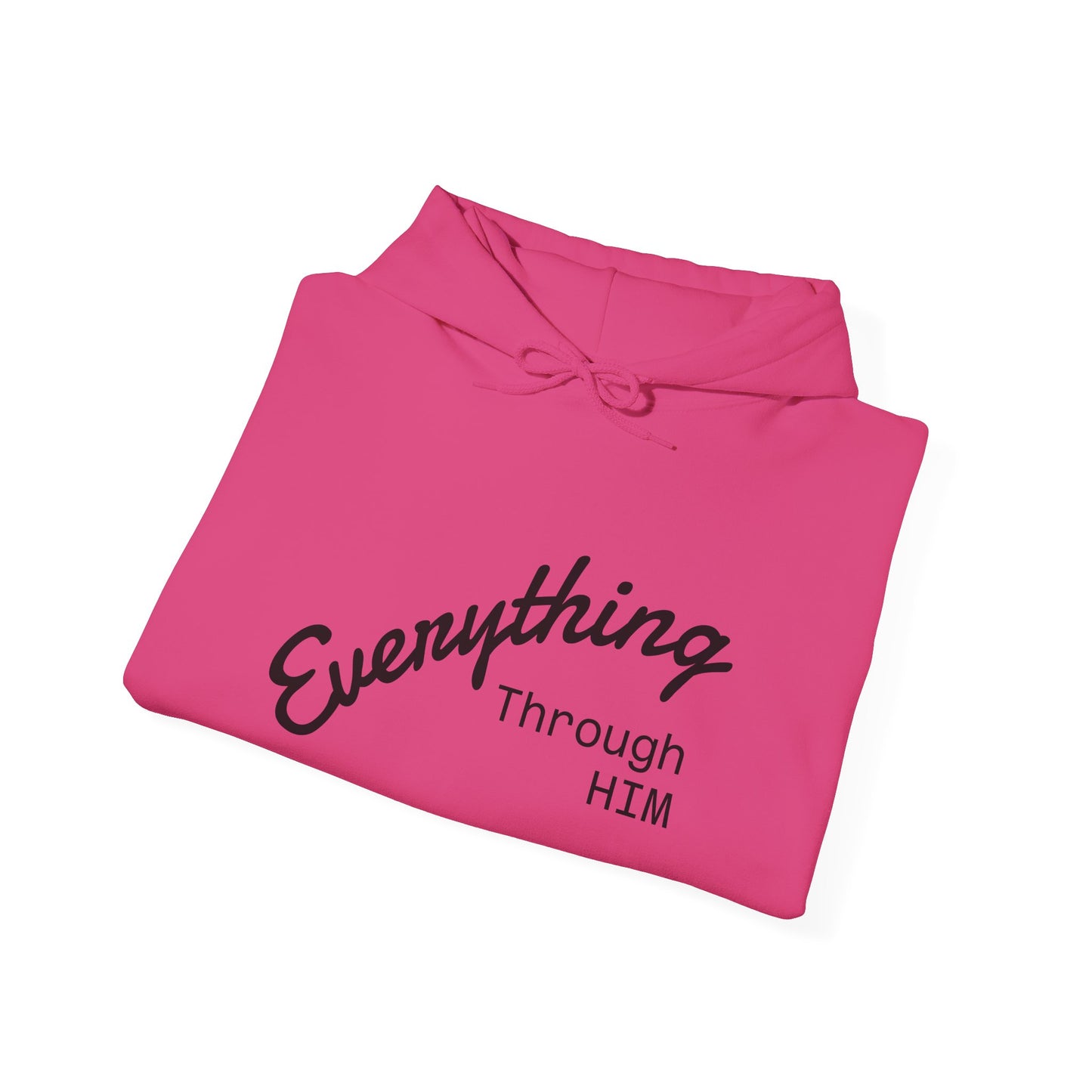 Everything Through Him Hoodie — Bear Holding Cross Christian Faith Pullover