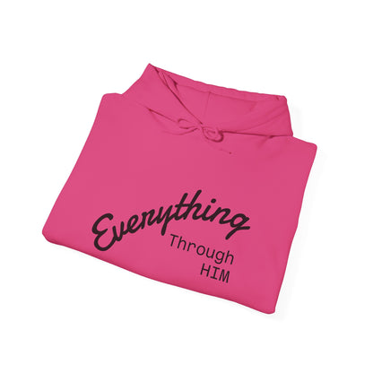 Everything Through Him Hoodie — Bear Holding Cross Christian Faith Pullover