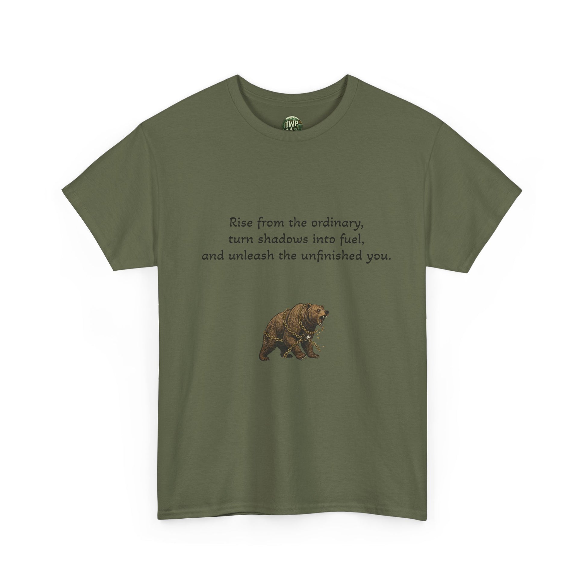 T-Shirt — Minimal Inspirational Quote Tee (“Near from the ordinary, seen shadows into fuel, and around the emboldened you.”)