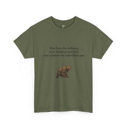T-Shirt — Minimal Inspirational Quote Tee (“Near from the ordinary, seen shadows into fuel, and around the emboldened you.”)