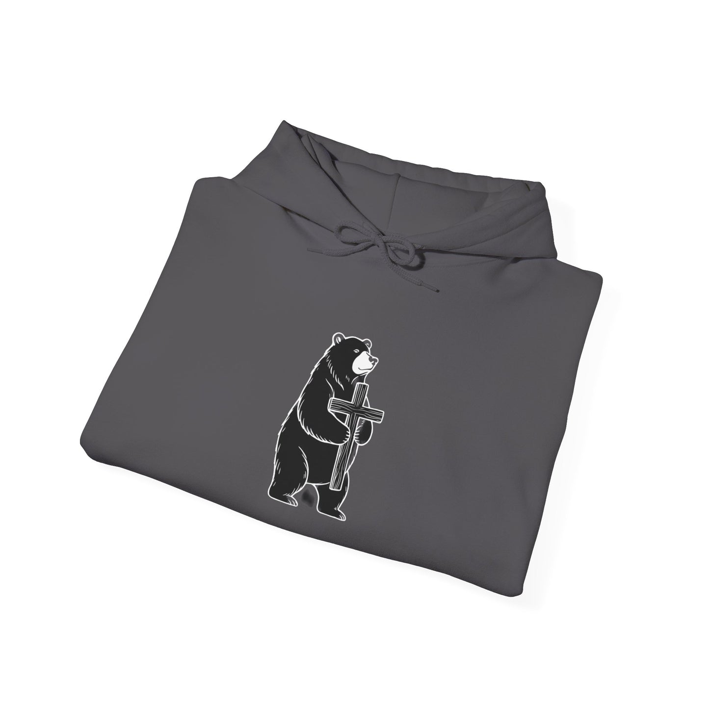 Minimal Black Bear Hoodie — Cute Bear Holding Cross Graphic Sweatshirt
