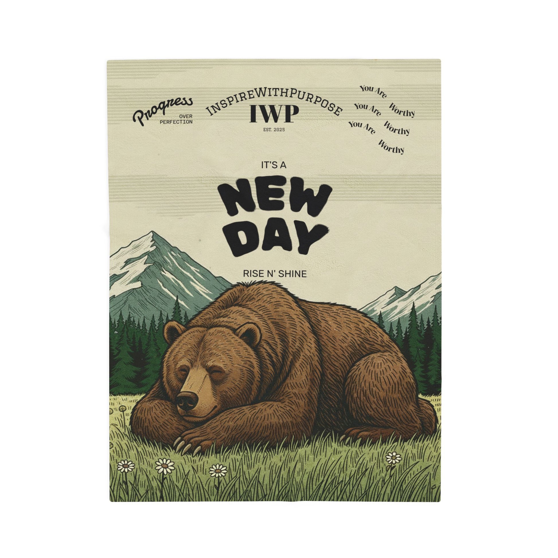 New Day Bear Velveteen Plush Blanket – 'It's a New Day' Cozy Outdoor Throw - InspireWithPurpose