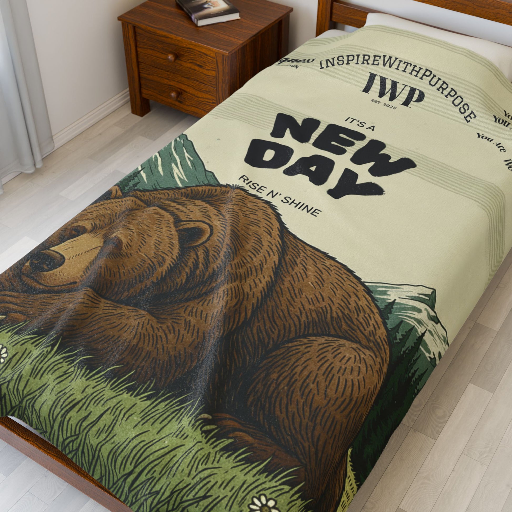 New Day Bear Velveteen Plush Blanket – 'It's a New Day' Cozy Outdoor Throw - InspireWithPurpose