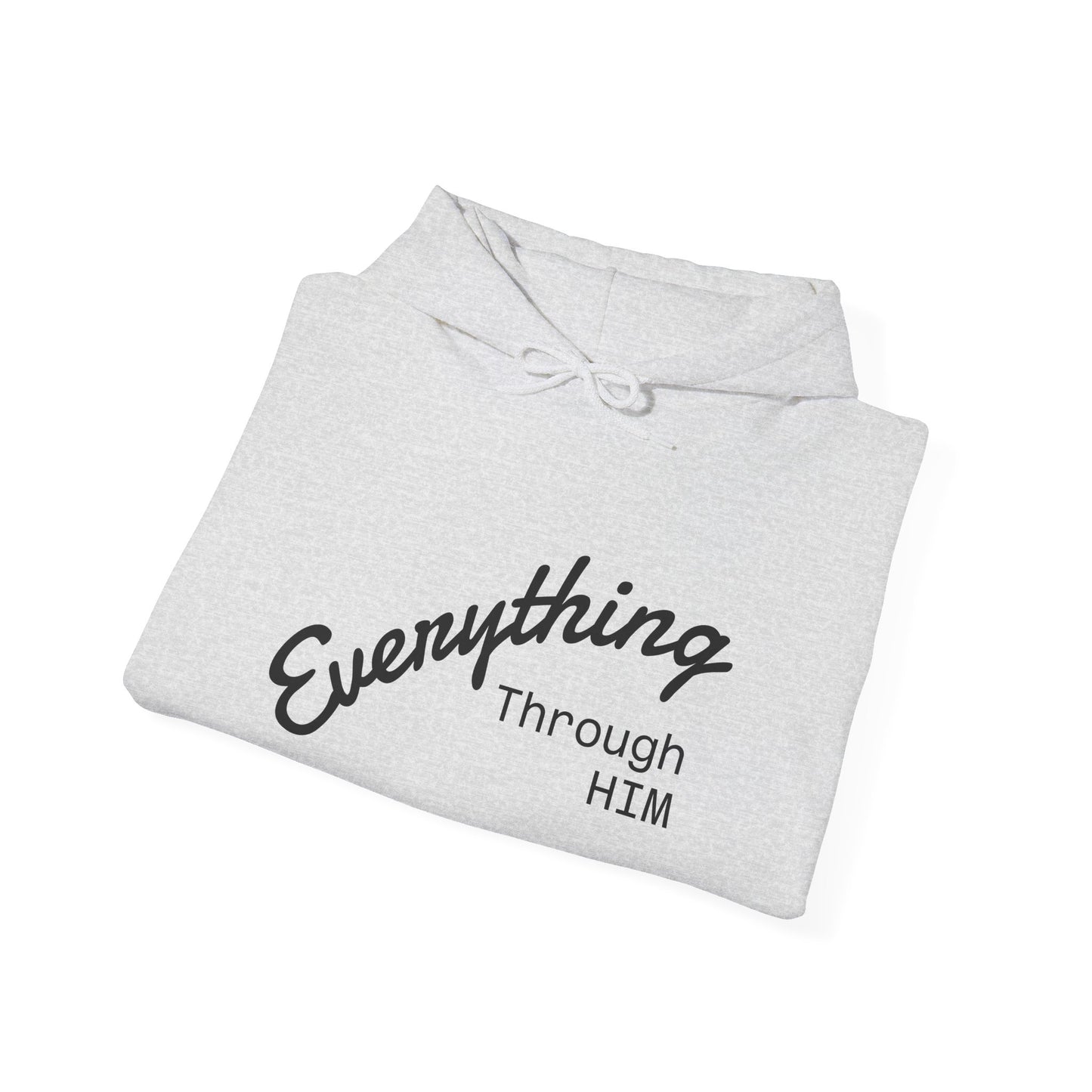 Everything Through Him Hoodie — Bear Holding Cross Christian Faith Pullover