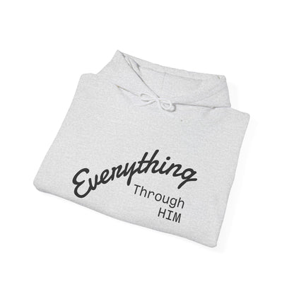 Everything Through Him Hoodie — Bear Holding Cross Christian Faith Pullover