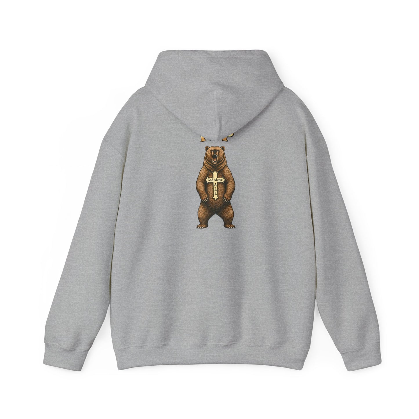 Everything Through Him Hoodie — Bear Holding Cross Christian Faith Pullover