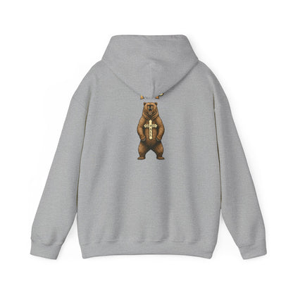 Everything Through Him Hoodie — Bear Holding Cross Christian Faith Pullover