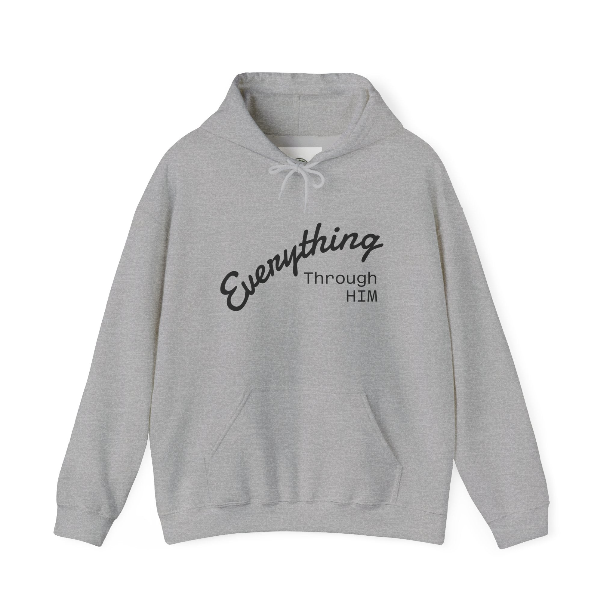 Everything Through Him Hoodie — Bear Holding Cross Christian Faith Pullover - InspireWithPurpose