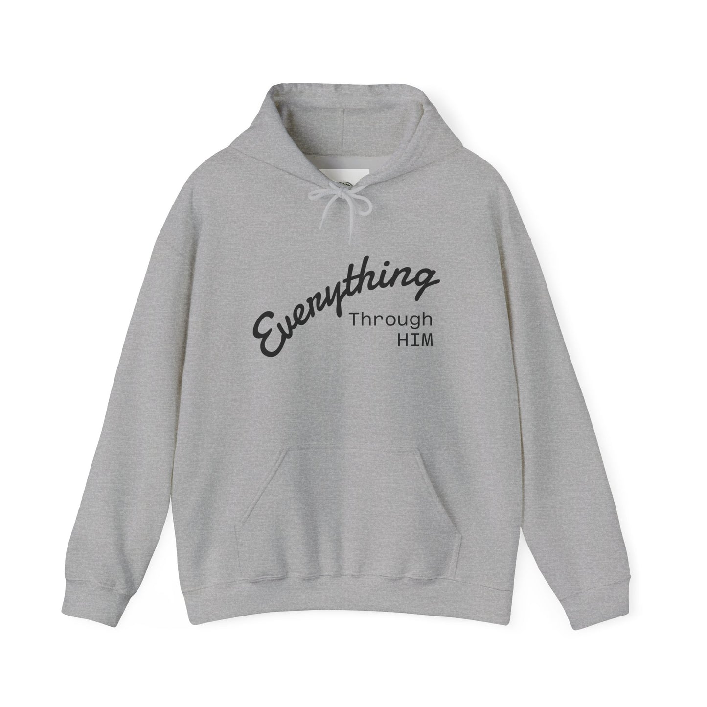 Everything Through Him Hoodie — Bear Holding Cross Christian Faith Pullover