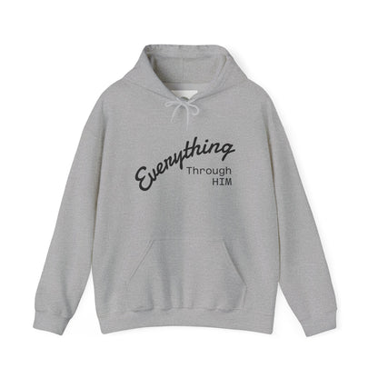 Everything Through Him Hoodie — Bear Holding Cross Christian Faith Pullover