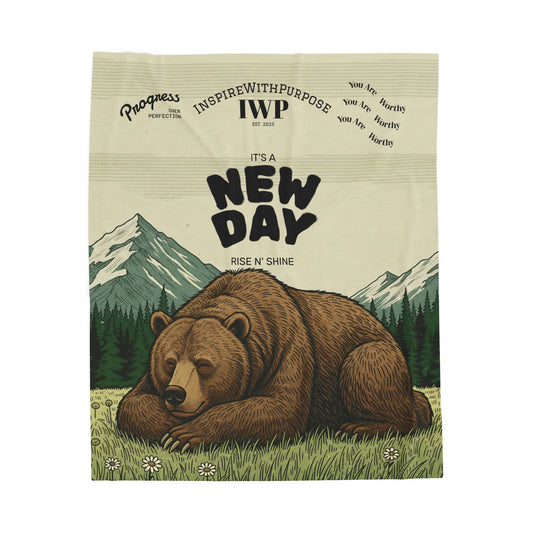 New Day Bear Velveteen Plush Blanket – 'It's a New Day' Cozy Outdoor Throw