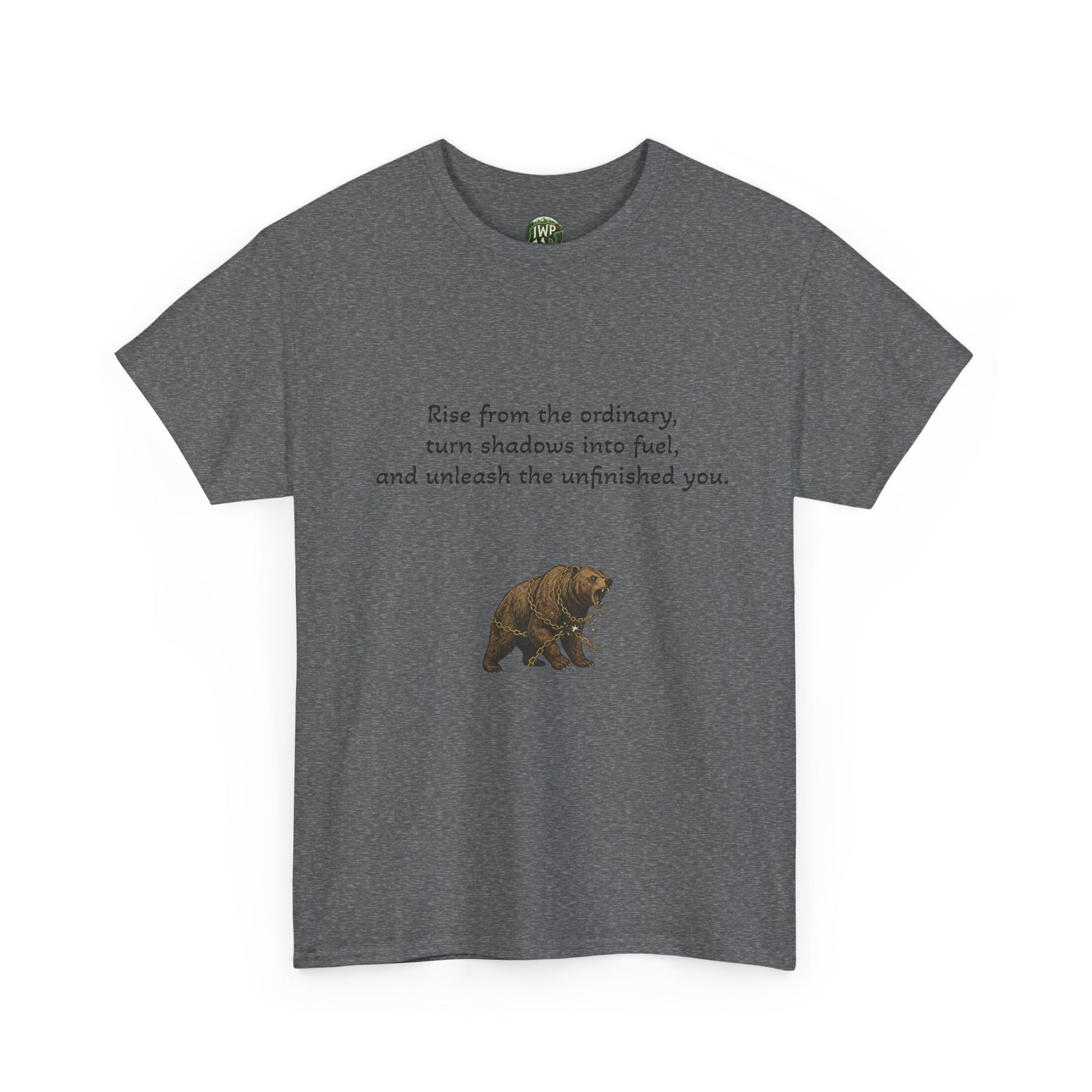 T-Shirt — Minimal Inspirational Quote Tee (“Near from the ordinary, seen shadows into fuel, and around the emboldened you.”)