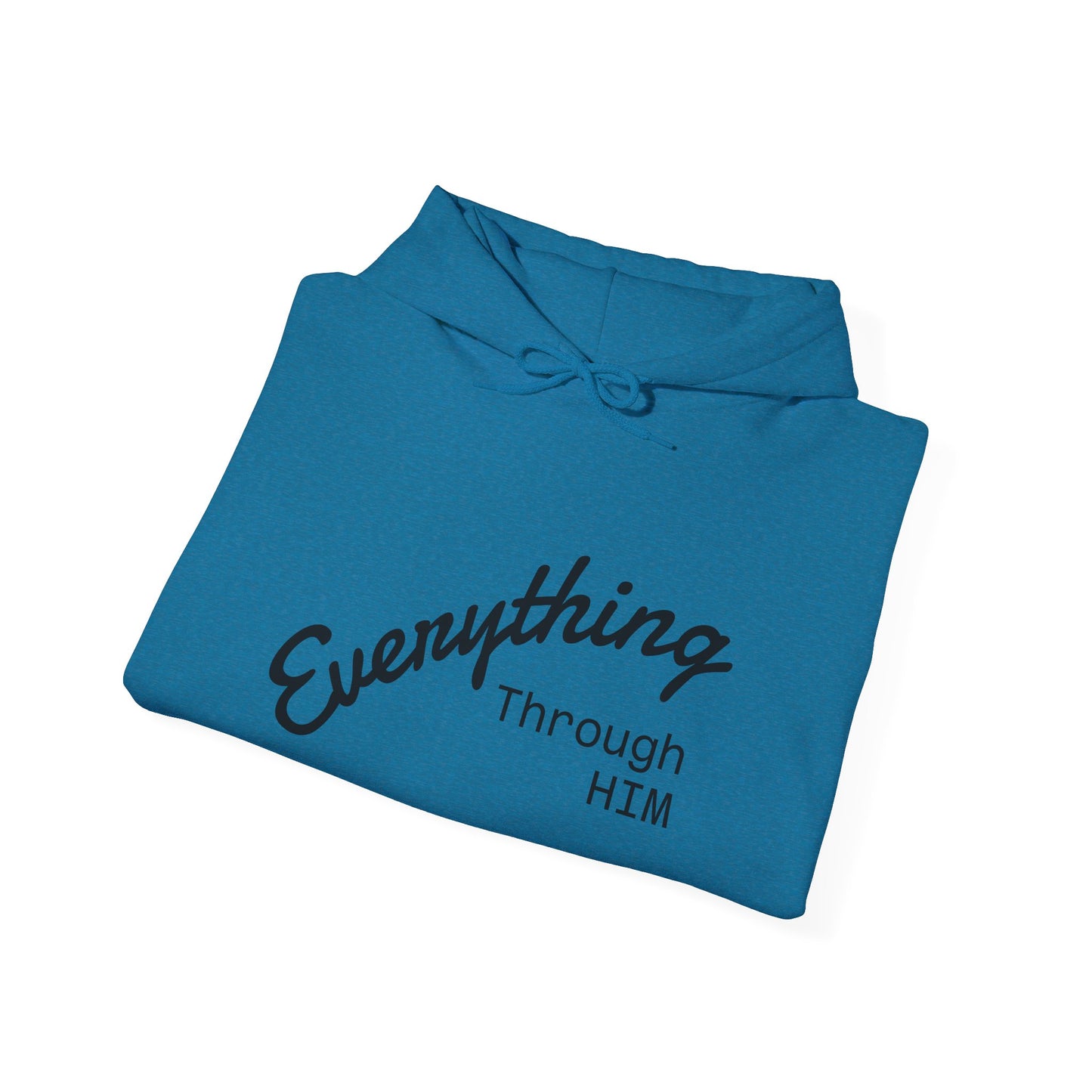 Everything Through Him Hoodie — Bear Holding Cross Christian Faith Pullover