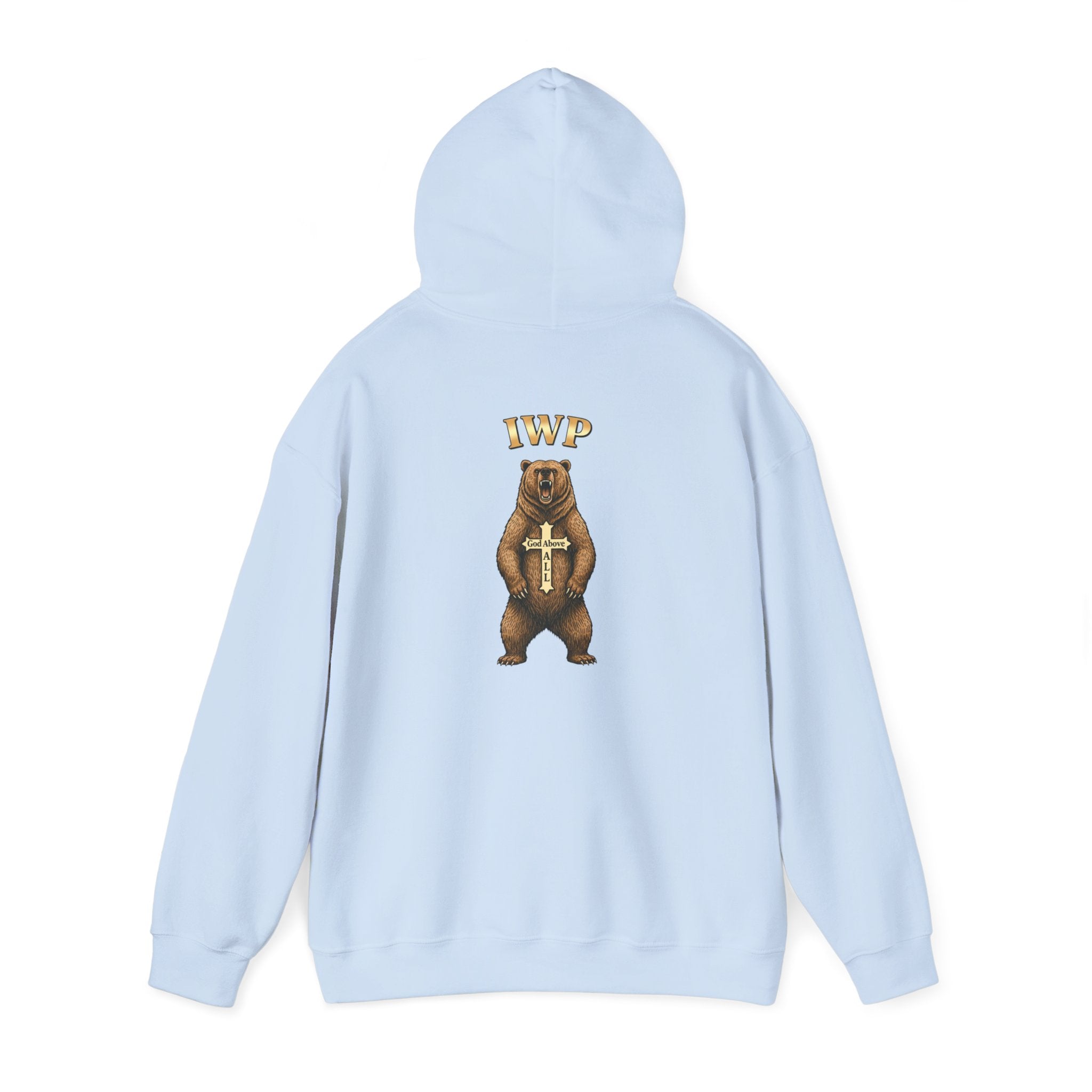 Everything Through Him Hoodie — Bear Holding Cross Christian Faith Pullover - InspireWithPurpose
