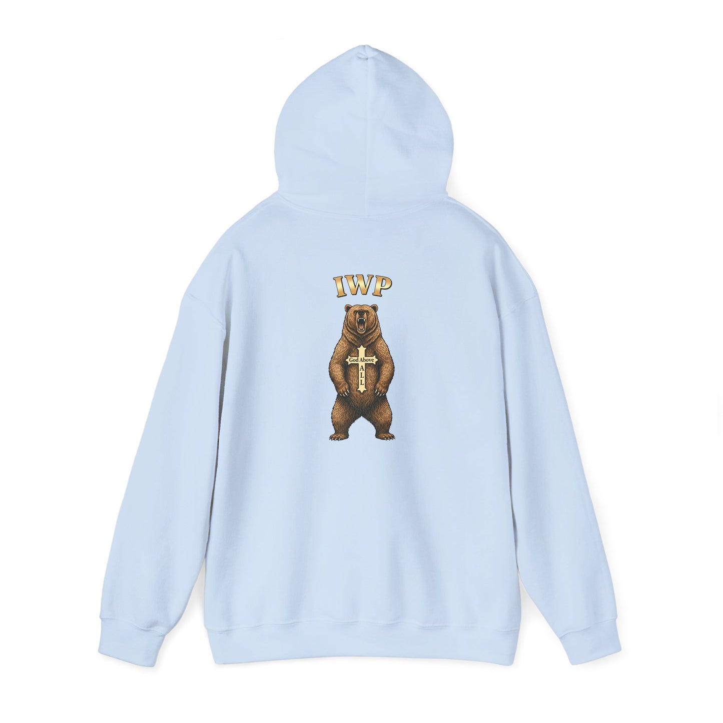 Everything Through Him Hoodie — Bear Holding Cross Christian Faith Pullover
